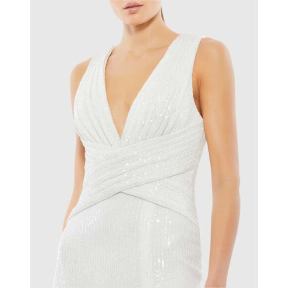 Mac Duggal Size 4 White 26598 V-Neck Sequin Wrap Waist Maxi Gown Wedding Bridal - Picture 2 of 12